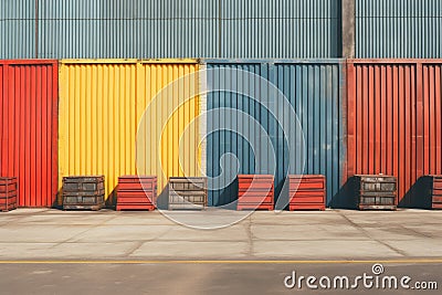 a row of colorful shipping containers in front of a building Stock Photo