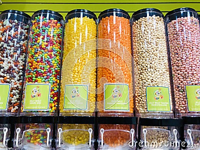 A row of colorful and tasty jelly belly candies beans display Editorial Stock Photo