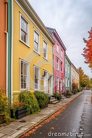 row of colorful townhouses on a charming street Stock Photo
