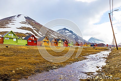 Row of colorful wooden houses at Longyearbyen in Svalbard Stock Photo