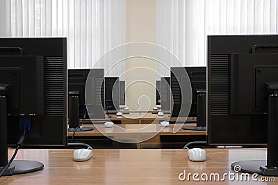 Row of computer monitors Stock Photo
