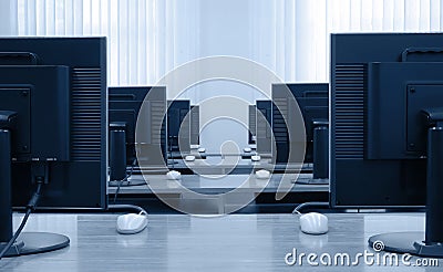 Row of computer monitors Stock Photo