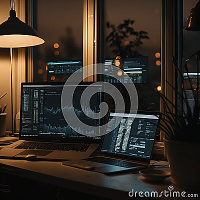 A row of computer monitors, displaying real-time stock market data, in a financial trading room Cartoon Illustration