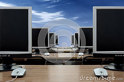 Row of computer monitors Stock Photo