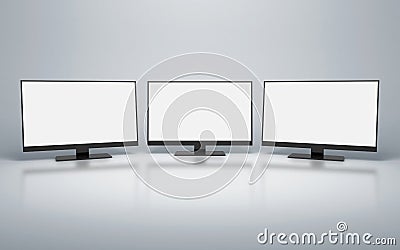 Row of computer monitors with white blank screens. clipping path. 3d Stock Photo
