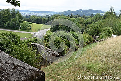 Row of concrete anti-tank barriers, obstacles nicknamed Toblerone Lines Stock Photo