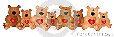 Row of Cute Teddy Bears With Hearts Cartoon Illustration