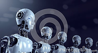 The row of 3d rendering humanoid robot portraits, robotics army, industrial group of cyborg machines on factory background. Stock Photo