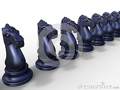 A row of dark blue chess knights Cartoon Illustration