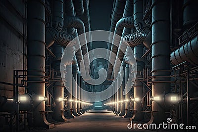 row of dark factory pipes at night in rays of moon industrial modern 4.0 Stock Photo