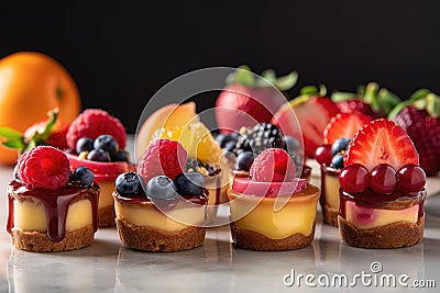 a row of delicate french fruit tarts with glistening glaze Stock Photo
