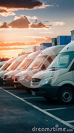 Row of delivery vans signifies efficient freight transportation network Stock Photo
