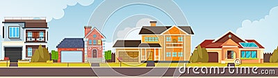 Row of different houses along the street Vector Illustration