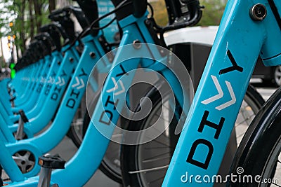 Row of Divvy Logos on Divvy Bikes in Downtown Chicago Editorial Stock Photo