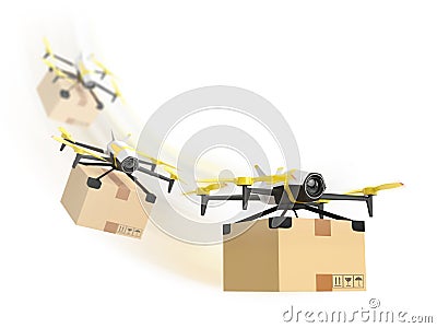 Row of drones delivery with a package Stock Photo