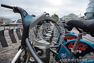 Row of Dublin Bikes, bicycles available for rent in Dublin city, Ireland. Editorial Stock Photo