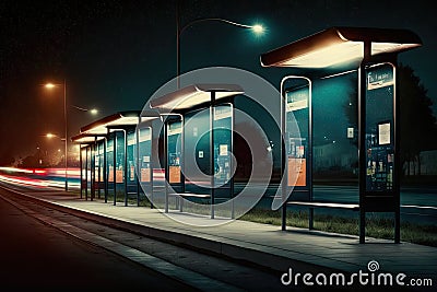 a row of empty bus stops, with their stop lights shining bright in the night Stock Photo