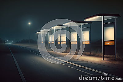 a row of empty bus stops, with their stop lights shining bright in the night Stock Photo