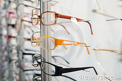Row of eyeglass at an opticians Stock Photo