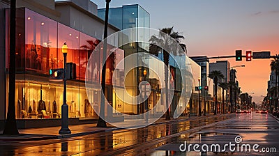 A row of fashion stores in California, The building is orange white and black, the hue is sunset dusk, Cyberpunk Stock Photo