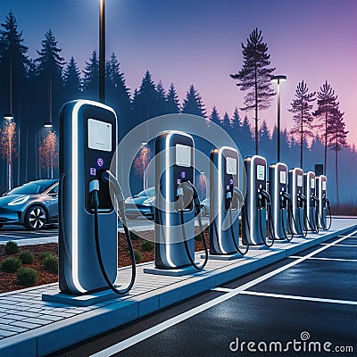 A Row of Fast Electric Car Chargers are Lined up in a Parking Lot Stock Photo