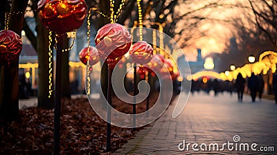 festive red and golden lighted Christmas ornaments lining a path, with people and trees adorned with lights in the Stock Photo