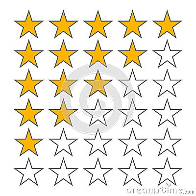 Row of five stars rate. 5 star rating vector icons isolated on white background Vector Illustration