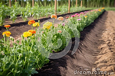 row of freshly planted flowers, ready to blossom and bloom Stock Photo