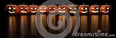 Row of frightening Halloween pumpkins or Jack O'Lanterns with copy space. 3d rendering Stock Photo