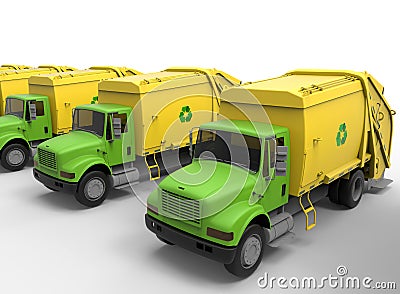 Row of garbage trucks Cartoon Illustration