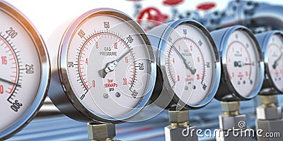 Row of gas pression gauge meters on gas pipeline. Gas extraction, production, delivery and supply concept Cartoon Illustration