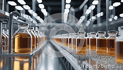 A row of glass bottles on a conveyor belt Stock Photo