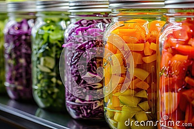 A row of glass jars filled with different types of vegetables, preserved for long-term freshness and convenience, A close-up of Stock Photo