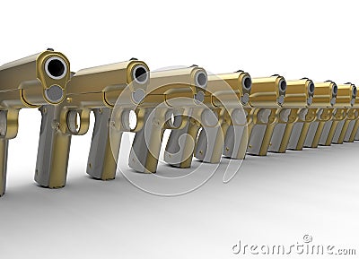 Row of golden pistols Cartoon Illustration