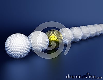 Row of Golf balls and golden ball in center Cartoon Illustration