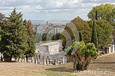 Rows of grave tombs and wall graves in Alto deSao Joao cemtery, Lisbon Editorial Stock Photo