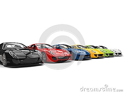 Row of great modern sports cars in various colors Stock Photo