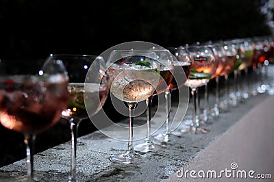 Row of Half Filled Cocktails, Party End, Night Drinks Stock Photo