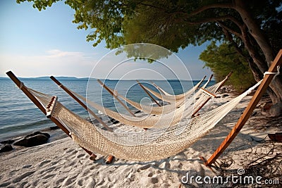 A row of hammocks sitting on top of a sandy beach Stock Photo