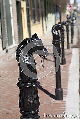 Row of horses head model in French Quarter New Orleans Stock Photo