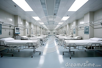 row of hospital beds in a clean ward Stock Photo