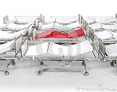 Row of hospital white beds - red stands out Stock Photo