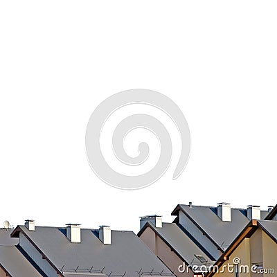 Row house roofs, large detailed isolated roofscape, condo rowhouse rooftop detail, multiple condos, colorful closeup Stock Photo