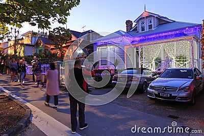 A row of houses with Christmas lighting displays, Auckland, New Zealand Editorial Stock Photo