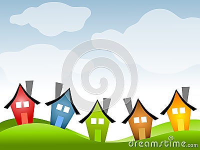 Row of Houses Under Blue Sky Cartoon Illustration