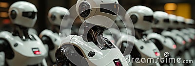 Row of humanoid robots standing in a line in a futuristic factory, artificial intelligence concept Stock Photo