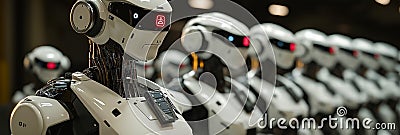 Row of humanoid robots standing in a line in a futuristic factory, artificial intelligence concept Stock Photo