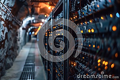 A row of illuminated computer servers mining bitcoin in a mine tunnel Stock Photo