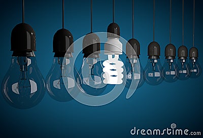 Row of incandescent bulbs lit by one energy saving bulb Stock Photo