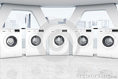 Row of Industrial Modern Washing Machines in a Public Washhouse. 3d Rendering Stock Photo
